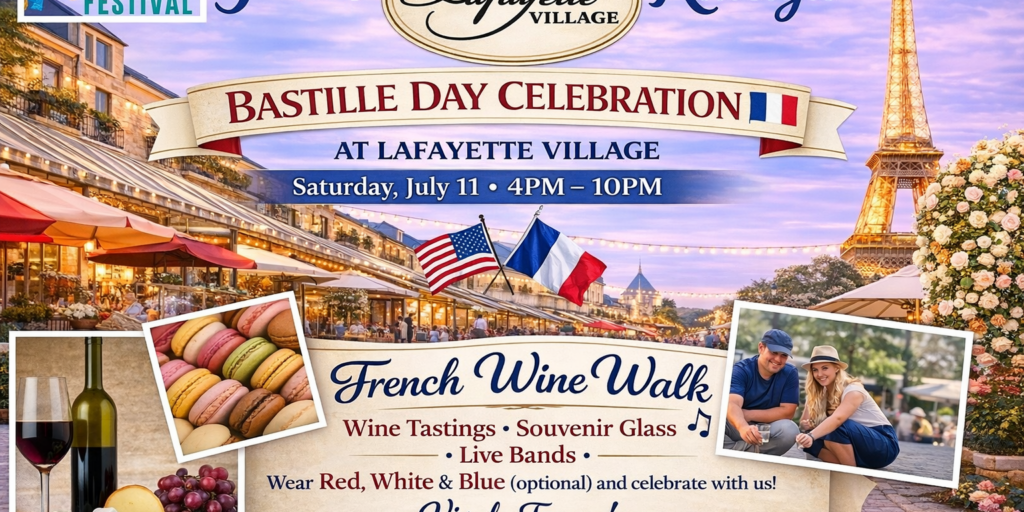 Bastille Day celebration flyer with French wine walk, Eiffel Tower, and event details