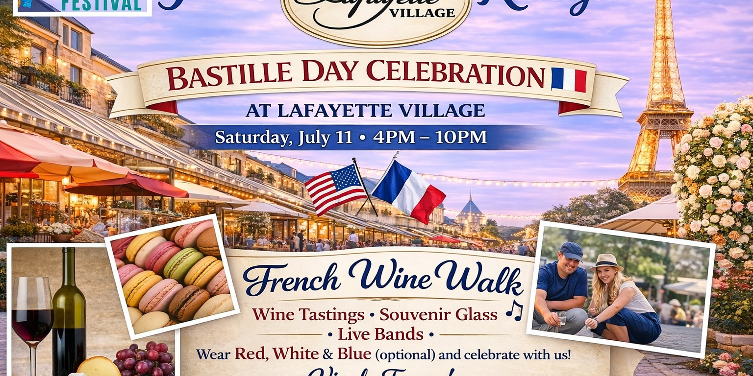 Bastille Day celebration flyer with French wine walk, Eiffel Tower, and event details