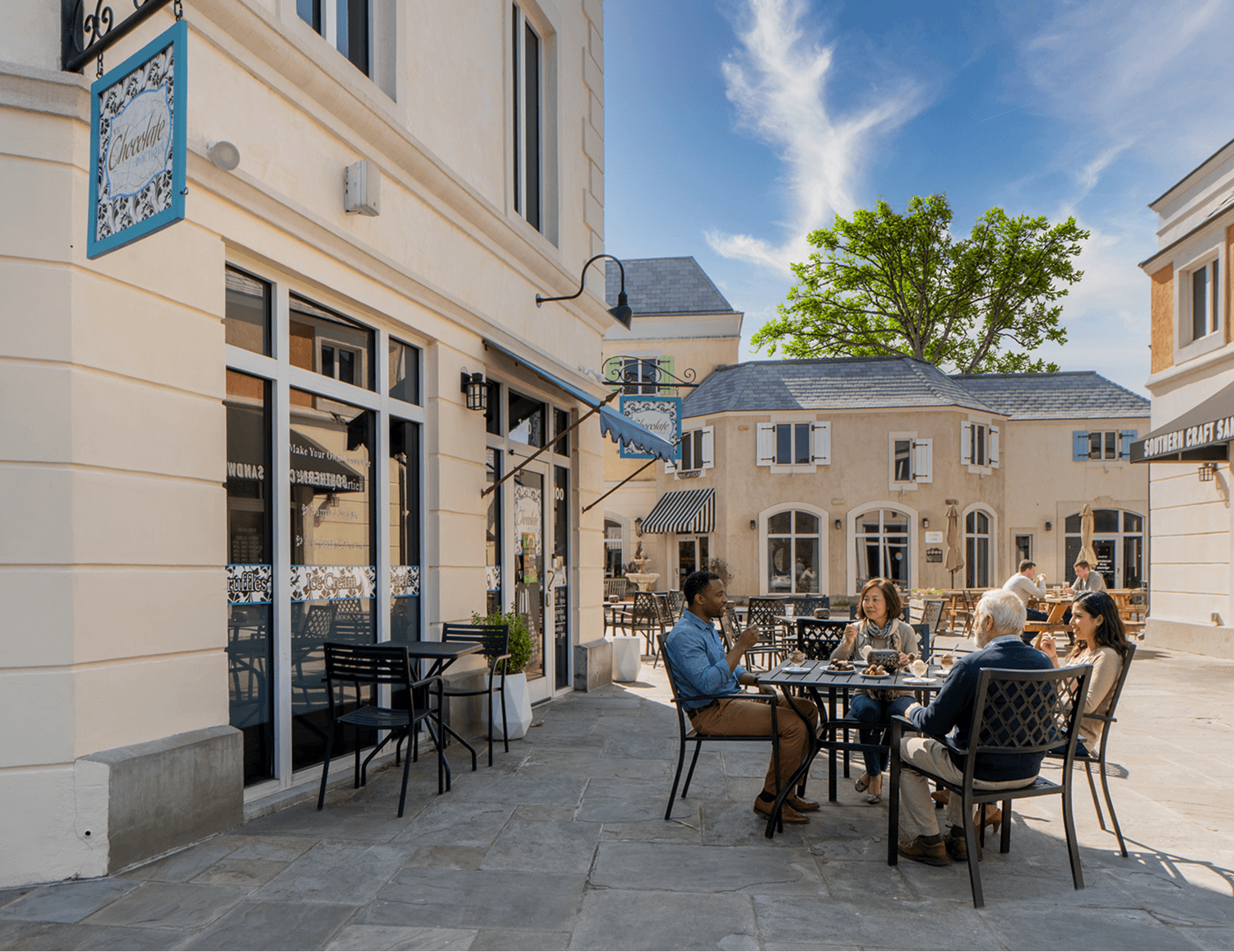 Lafayette Village walkway view with outdoor eating